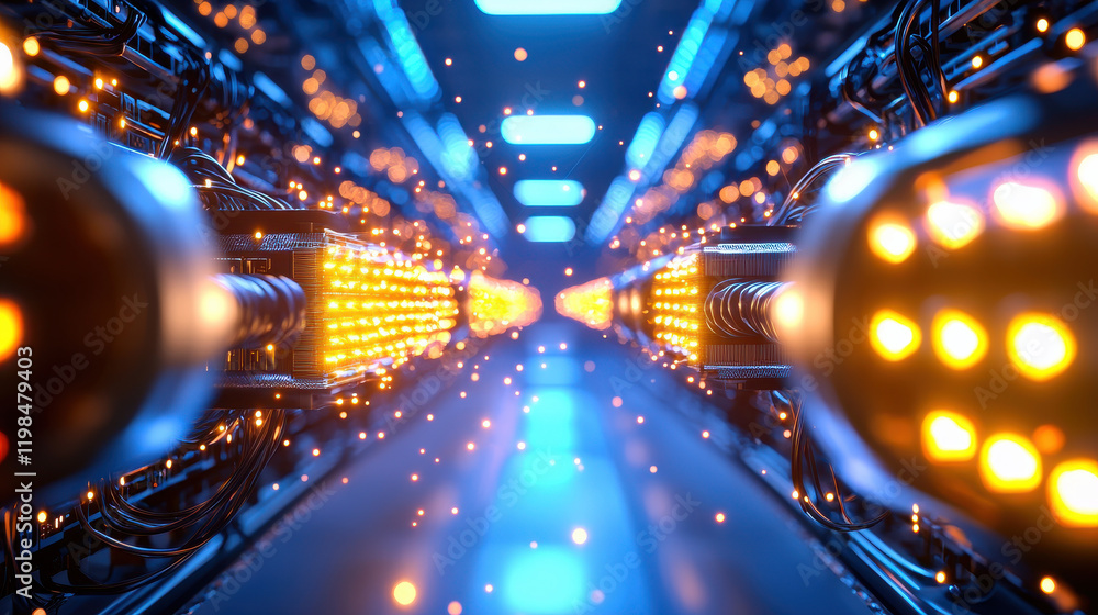 Fototapete futuristic view of glowing cables and lights in data center, showcasing technology and innovation. vibrant colors and intricate details create captivating atmosphere