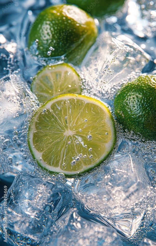 Poster freshly sliced lime with ice cubes in sparkling water creating refreshing bubbles perfect for summer