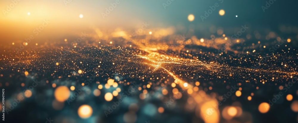 Poster abstract golden particles and bokeh lights on a gradient background, panoramic space dust