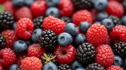 Vibrant Assortment of Fresh Berries, Juicy Raspberries, Dark Blackberries, Plump Blueberries, Close-Up, Macro, Bright, Colorful, Natural, Freshly Harvested, Delicious, Sweet, Summer Fruits, 