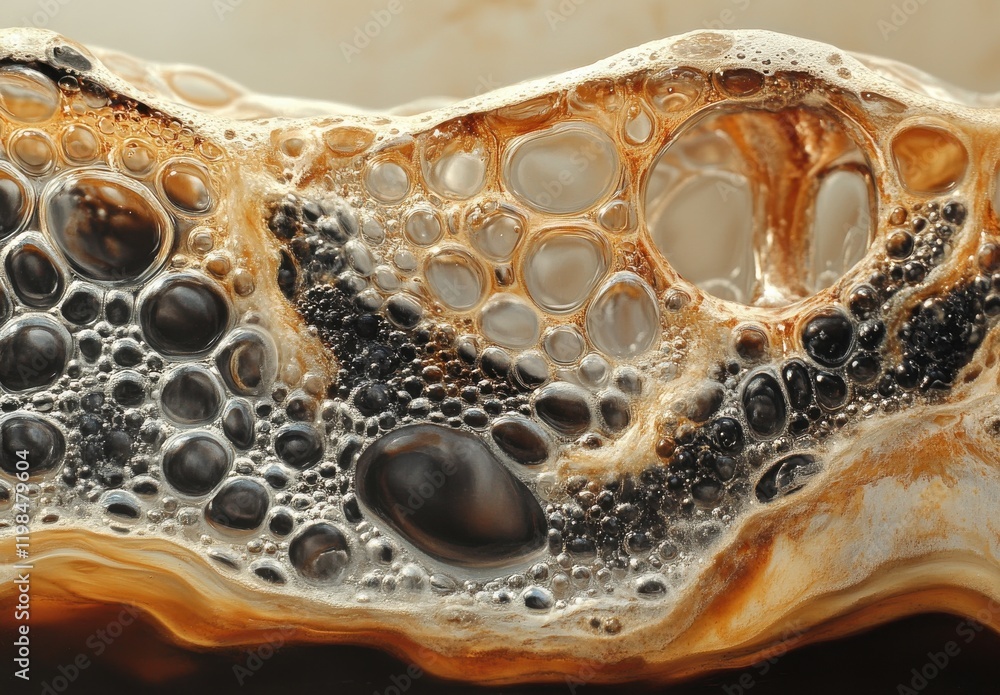 Poster Intricate Macro Shot of Bubbles and Textures in a Transparent Medium Showcasing Various Shapes and Patterns Under Natural Illumination