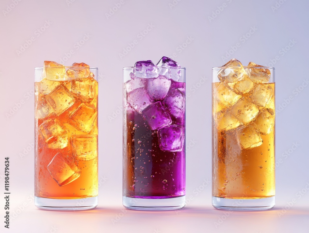 Aufkleber Refreshing Assortment of Colorful Beverages with Ice Cubes in Clear Glasses against a Soft Gradient Background for Summer Vibes and Refreshment