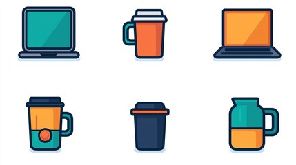 A series of icons depicting common workplace tools, such as laptops and coffee mugs, designed with a flat style for clarity.