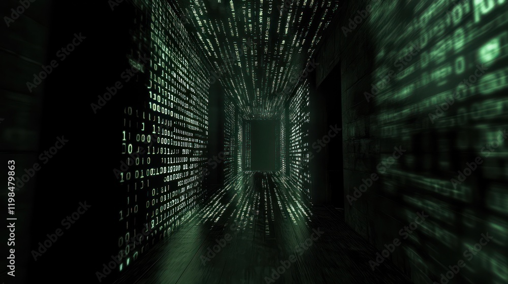 Poster digital matrix corridor: a journey through binary code