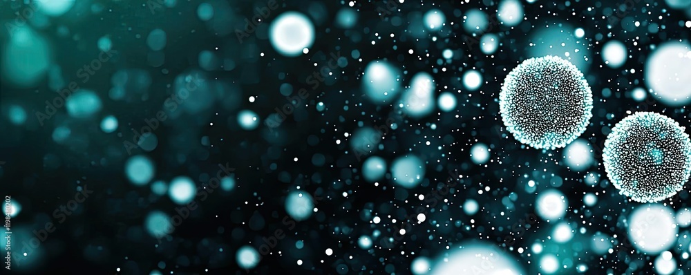 Poster dust pollution idea. microscopic view of bacteria and particles in a futuristic dark background.