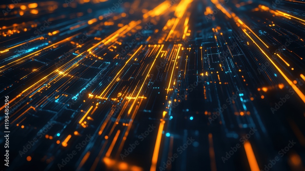 Poster abstract futuristic circuit board with glowing orange and blue data streams.