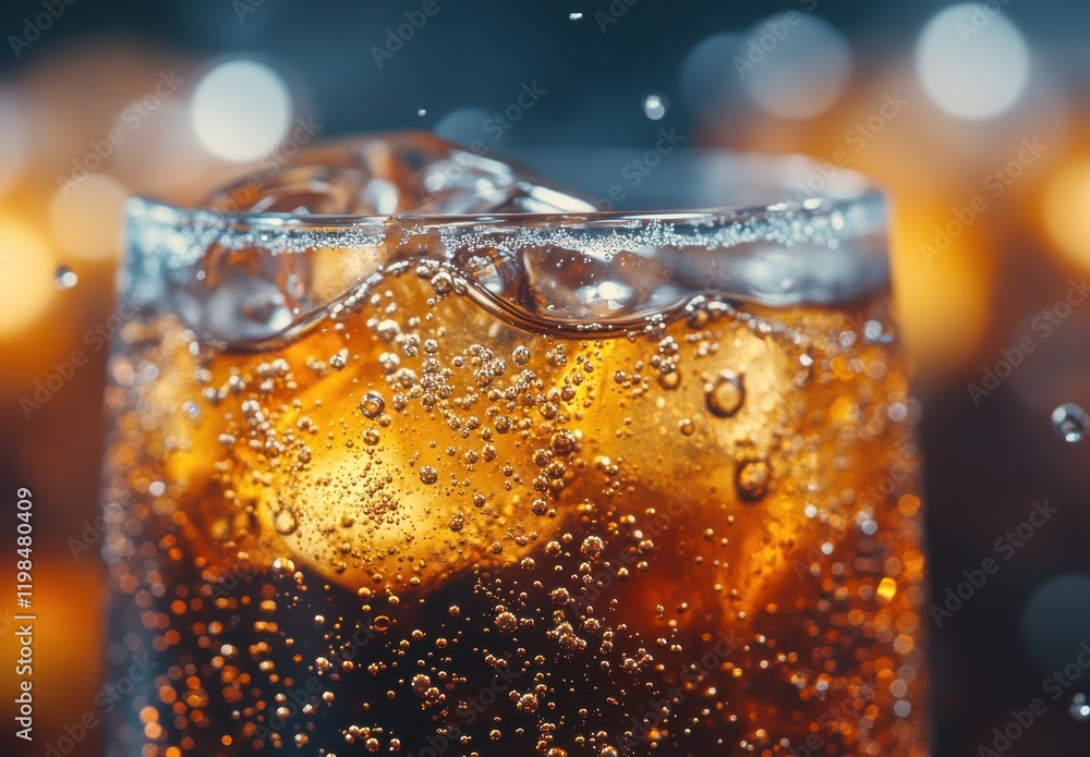Poster refreshing carbonated beverage with ice cubes in a clear glass sparkling in shimmering light, captur