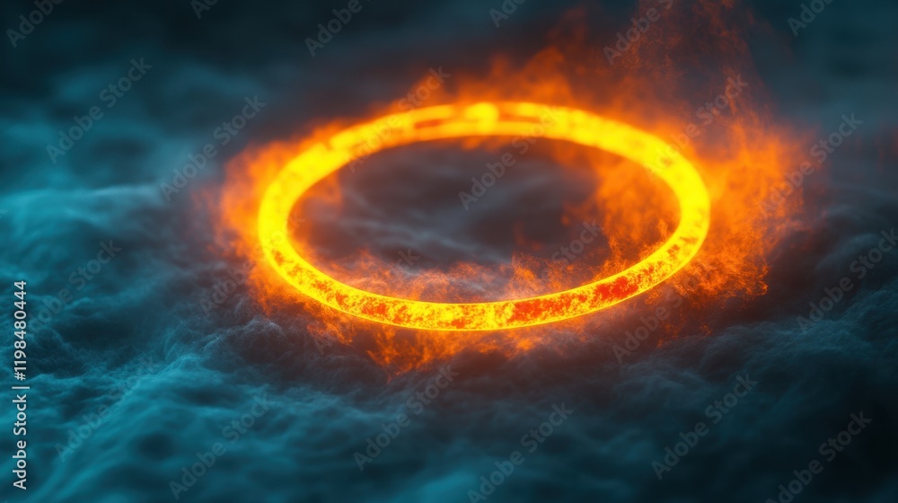 Poster fiery ring floating above moody clouds, abstract 3d render with glowing effect.