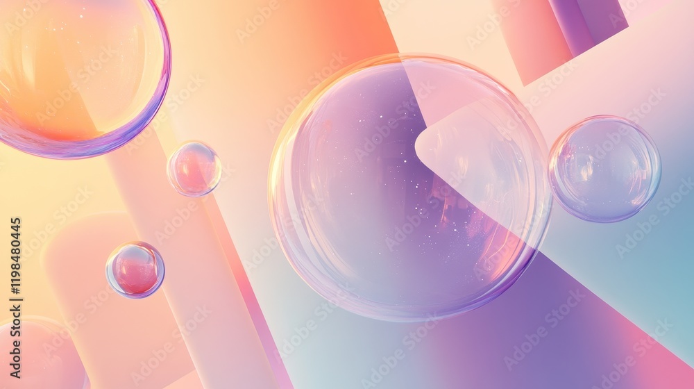 Poster abstract 3d render of floating translucent bubbles on pastel gradient background