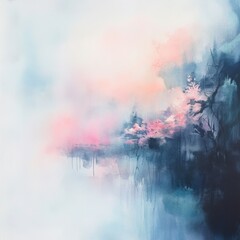 Abstract Watercolor Landscape Painting with Soft Pink Hues and Dark Blue Trees, Evocative and Dreamlike.