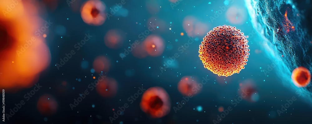 Poster dust pollution concept. close-up view of colorful viruses floating in a microscopic environment.