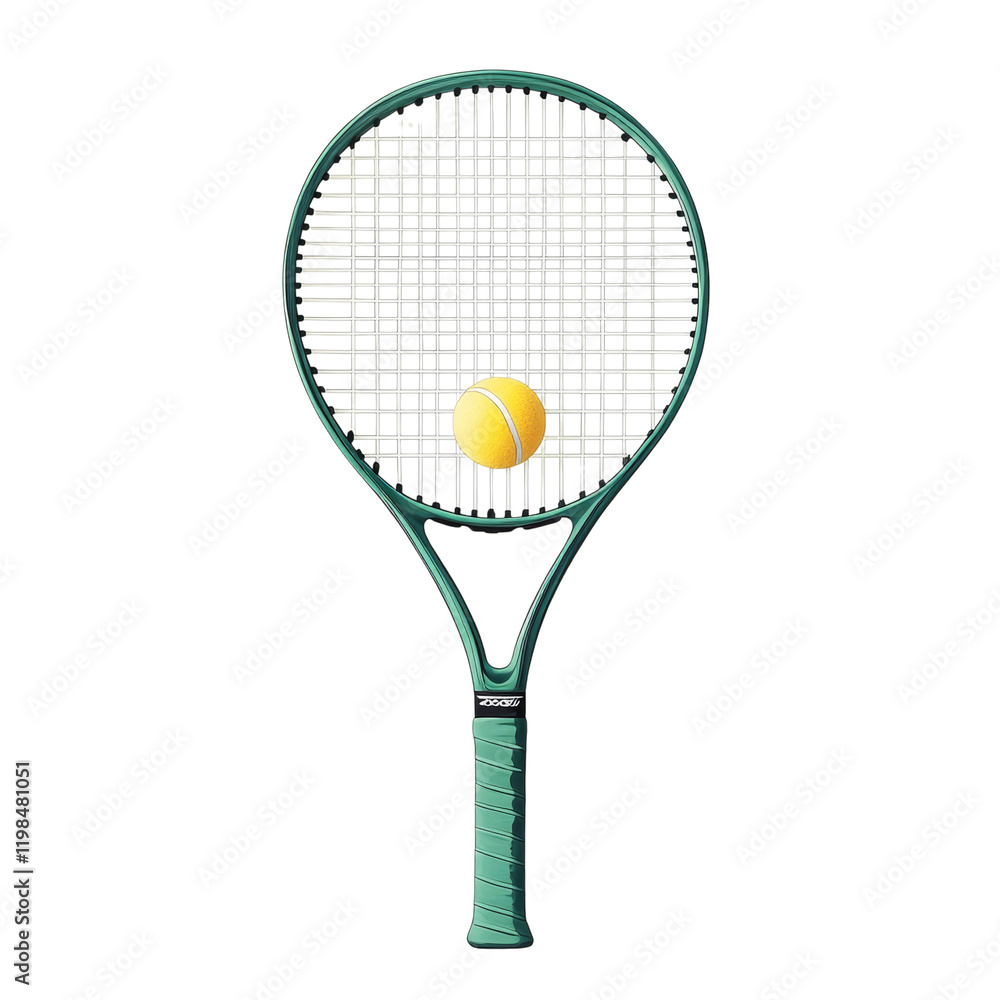 Poster a teal tennis racket with a yellow tennis ball centered on its strings against a white background.