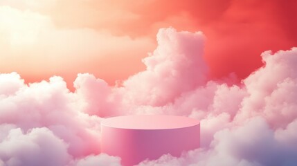 Dreamy Pink Podium in a Pastel Cloud Sky Abstract Background for Product Display and Branding