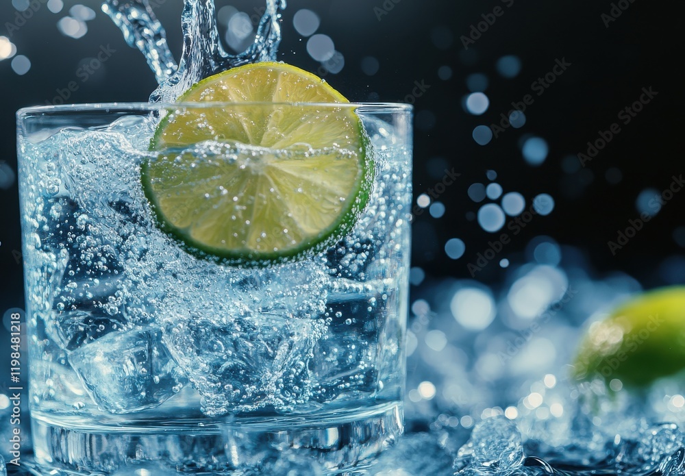 Poster refreshing drink with lemon slice splashing in glass filled with ice cubes against a dark background