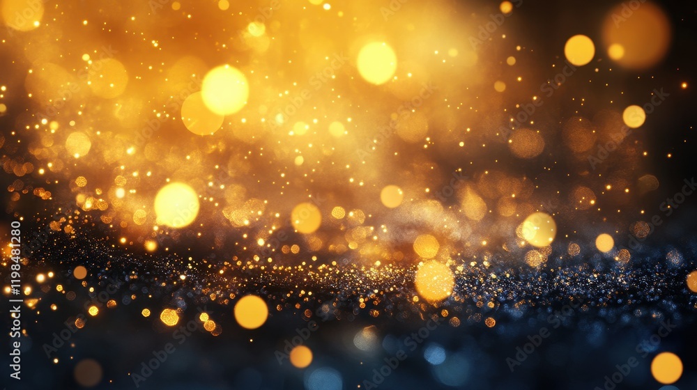 Poster golden and blue sparkle bokeh background with abstract light effects.