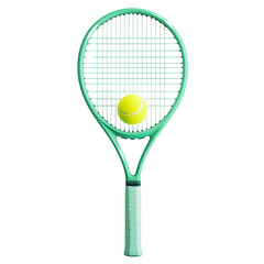 A mint green tennis racket and a yellow tennis ball are positioned centrally against a white background.