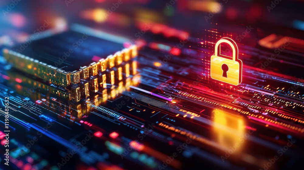 Poster secure cloud server with glowing circuits and lock symbol, representing cybersecurity and data protection. vibrant colors enhance technological theme