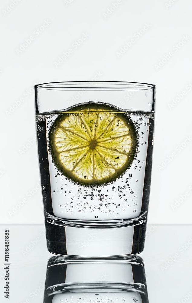 Poster refreshing glass of sparkling water with a slice of lime creating bubbles and a vibrant design again