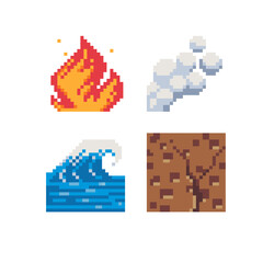 Fototapeta premium Natural Elements Pixel Art Icons Set, Earth, Water, Air, Fire, sign, isolated vector illustration. Design for web site, app, sticker. Waves, ground, smoke and flame. Game assets.
