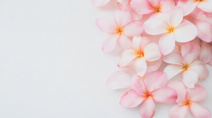 Delicate pink plumeria flowers are artfully arranged against a crisp white background, showcasing their vibrant colors and beauty