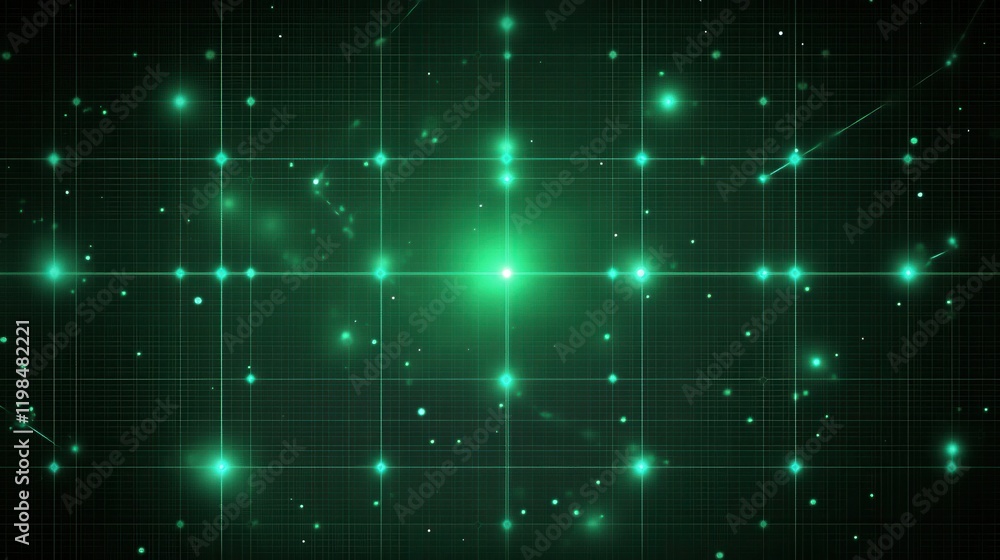 Aufkleber luminous green grid with sparkling points and dynamic streaks futuristic technology background.