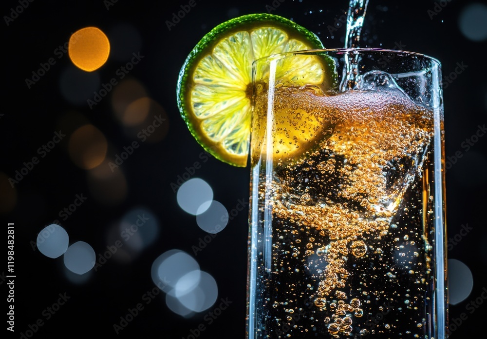 Poster refreshing sparkling beverage with lime slice and bubbling effervescence against a black background 