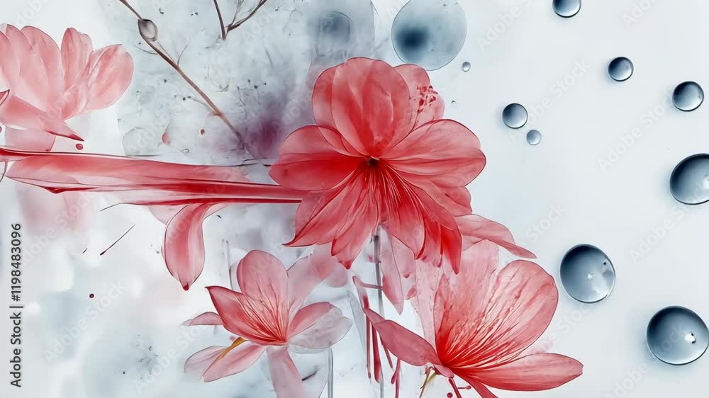 Poster vibrant red flowers with droplets creating an artistic composition in a soft background