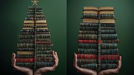 Christmas tree made of books on a green background, , Christmas concept representing the holiday season and reading day 