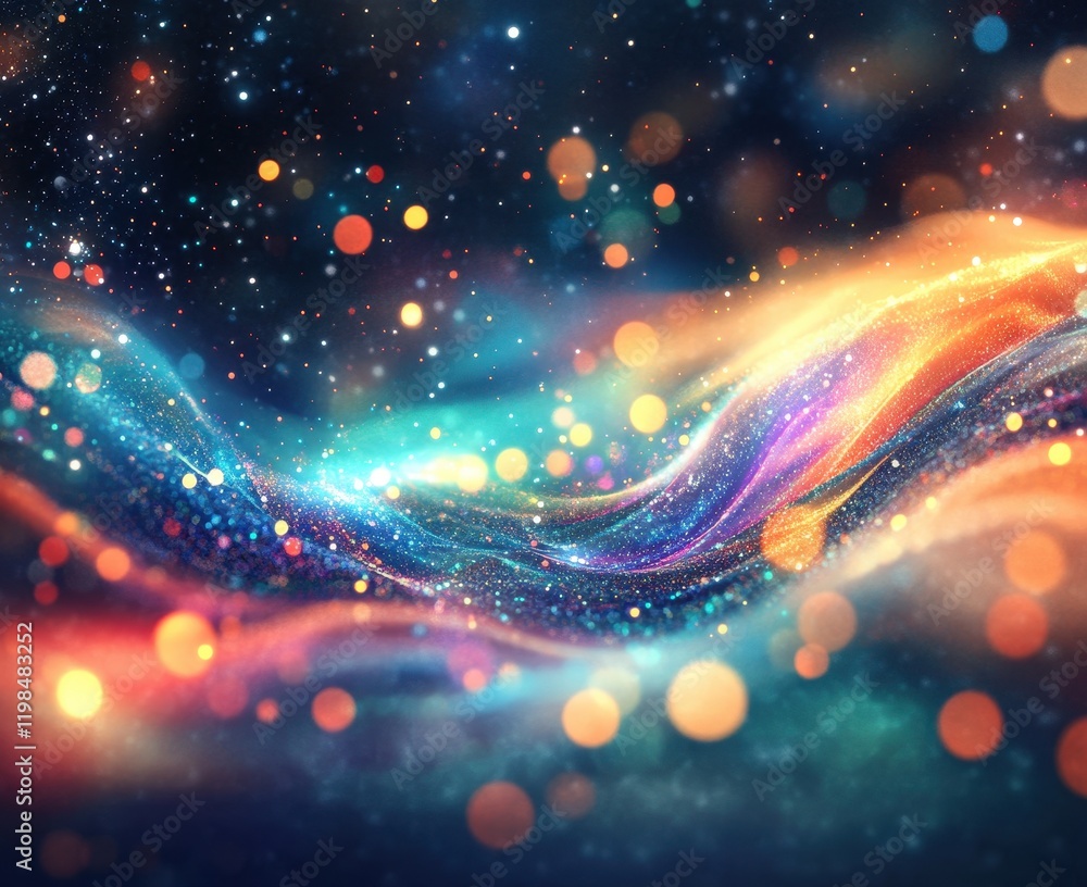 Poster ethereal galaxy waves abstract background with bokeh lights and glittering particles