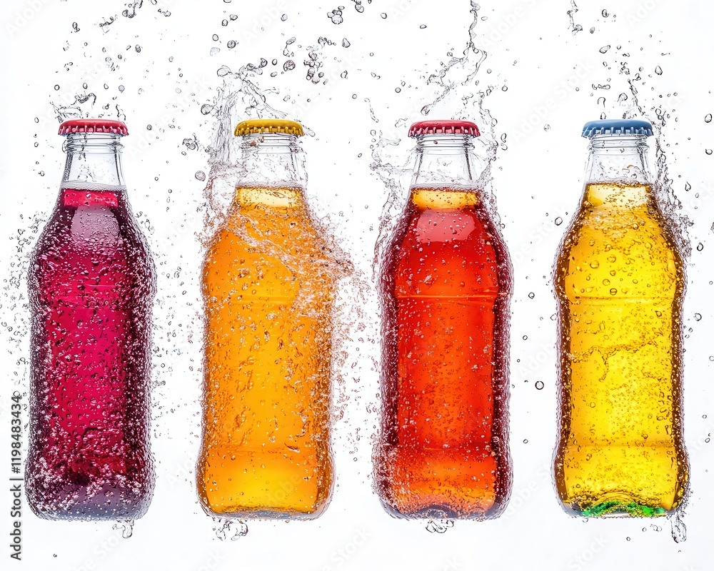 Poster refreshing variety of colorful soft drinks with bubbles captured in high speed, showcasing different