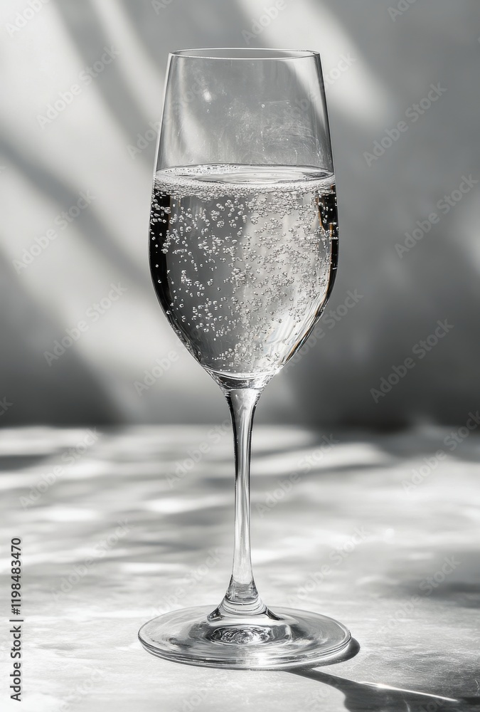 Aufkleber sparkling water in elegant glass on gray background with soft light reflections, capturing the essen