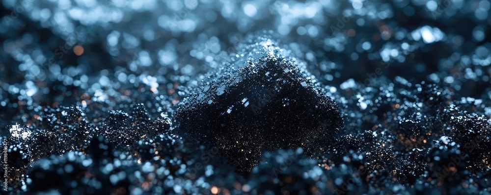 Poster dust pollution concept. close-up of textured surface with sparkling elements in blue light.