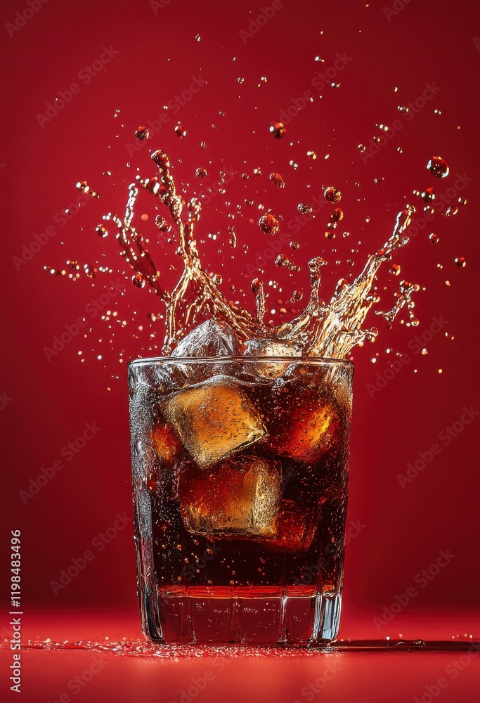 Poster sparkling beverage splashing joyfully from a glass with ice cubes on a vibrant red background captur
