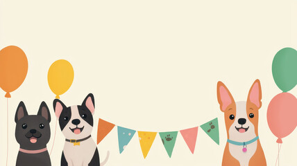 Cute animated pets celebrating with balloons and festive banner, World spay day concept