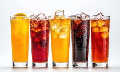 Refreshing Variety of Colorful Beverages Displayed in Tall Glasses with Ice and Citrus Garnish, Perfect for Summer Celebrations and Food Photography