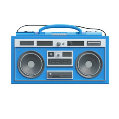 Fototapeta premium A vibrant blue retro boombox with large speakers is shown against a plain white background.