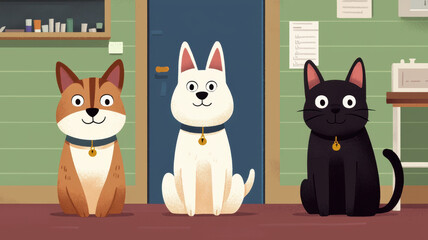 Happy cartoon animals in vet clinic waiting for care and attention, World spay day concept