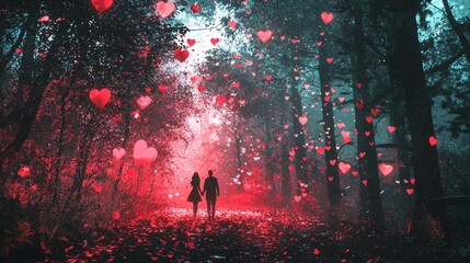 A whimsical forest glowing red and pink, heart-shaped leaves falling, a pair of lovers walking in harmony