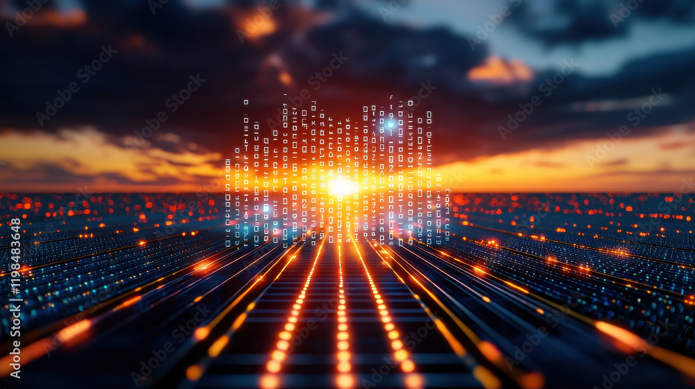 Aufkleber stunning digital landscape featuring sunset with binary code, symbolizing technology and data. vibrant colors create futuristic atmosphere, evoking innovation and progress