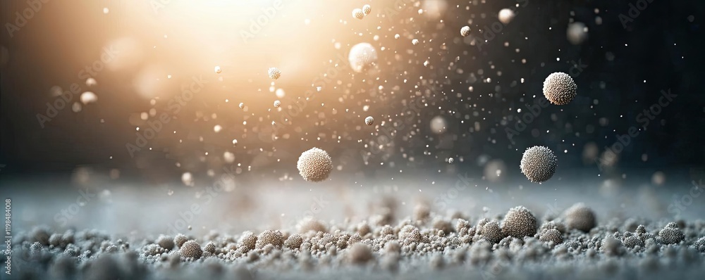 Poster dust pollution idea. abstract view of particles suspended in air with a glowing background.