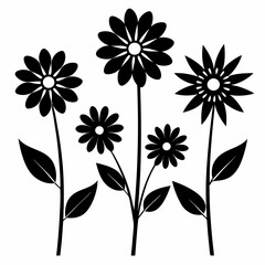 Five simple, black flower silhouettes with varying petal shapes with white background