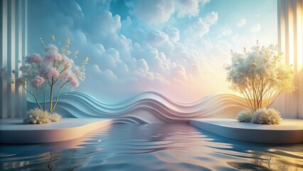 Obraz premium Serene Dreamscape Blending Whimsical Trees and Sculpted Waves in a Tranquil Oasis