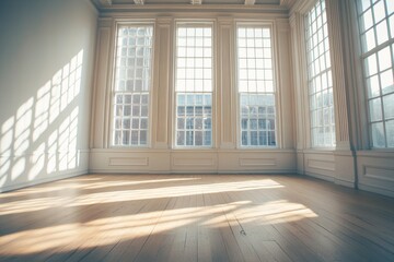 Fototapeta premium Sunlit empty room with hardwood floor and large windows.