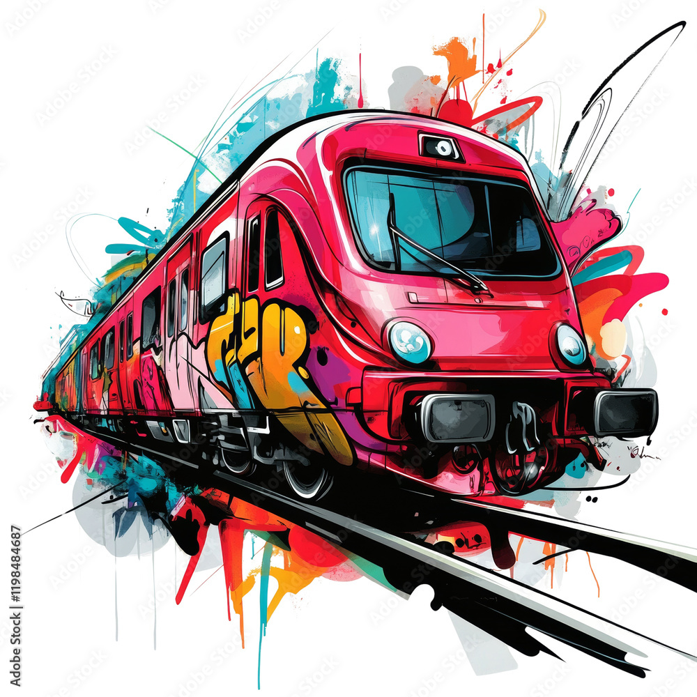 Poster a stylized illustration of a red train adorned with vibrant graffiti art against a dynamic abstract 