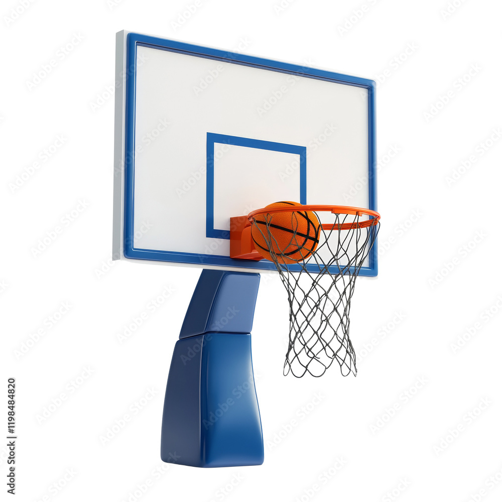 Poster a stylized 3d rendering of a basketball going through the net of a blue and white basketball hoop.