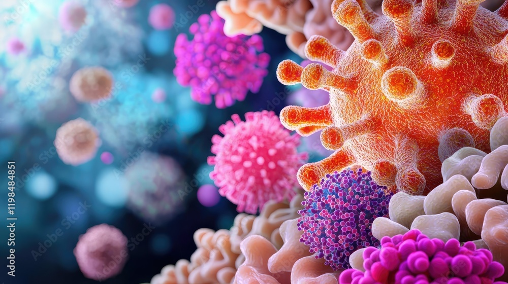 Poster dust pollution concept. colorful close-up of viruses and microorganisms illustrating complex biologi