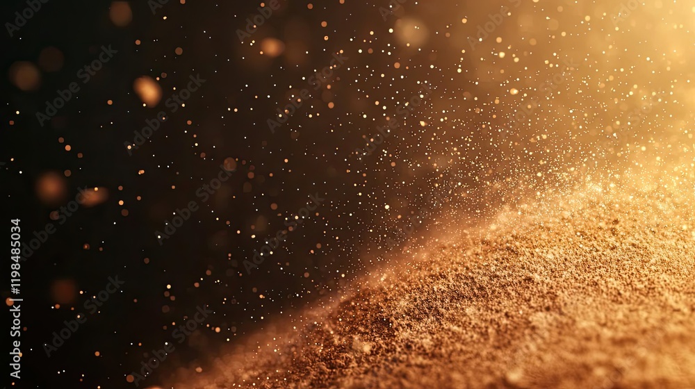 Poster dust pollution concept. golden particles float through the air, creating a magical and serene atmosp