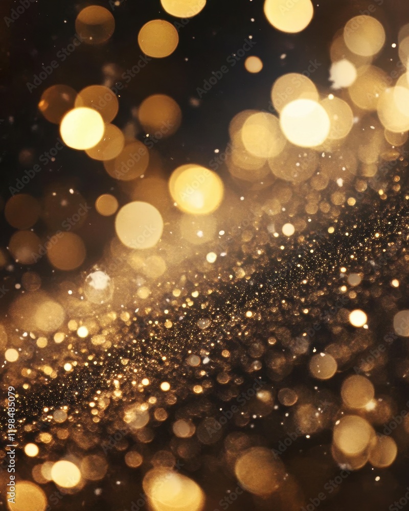 Poster abstract golden bokeh lights background with dust particles, festive and elegant design.
