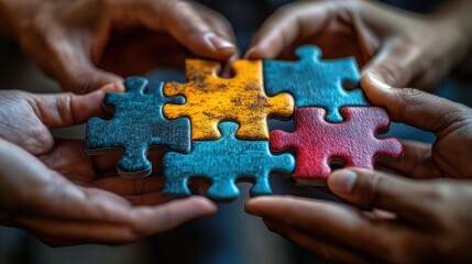 Group of businesspeople's hands connecting puzzle pieces symbolizing teamwork