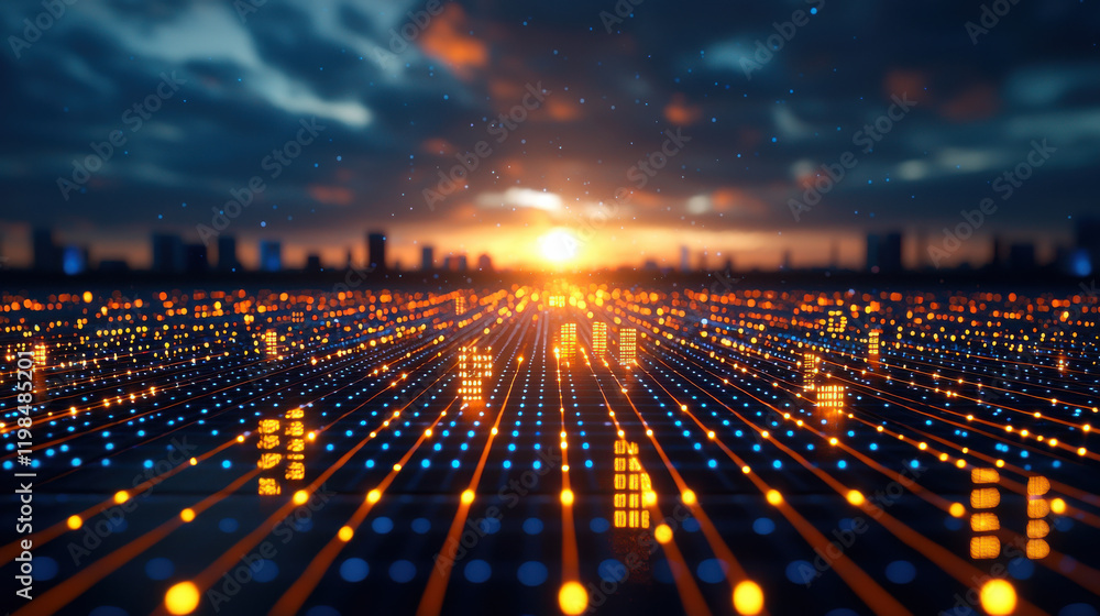 Fototapete stunning digital landscape featuring glowing lines and nodes, representing data flow and connectivity. sunset creates vibrant backdrop, enhancing futuristic atmosphere